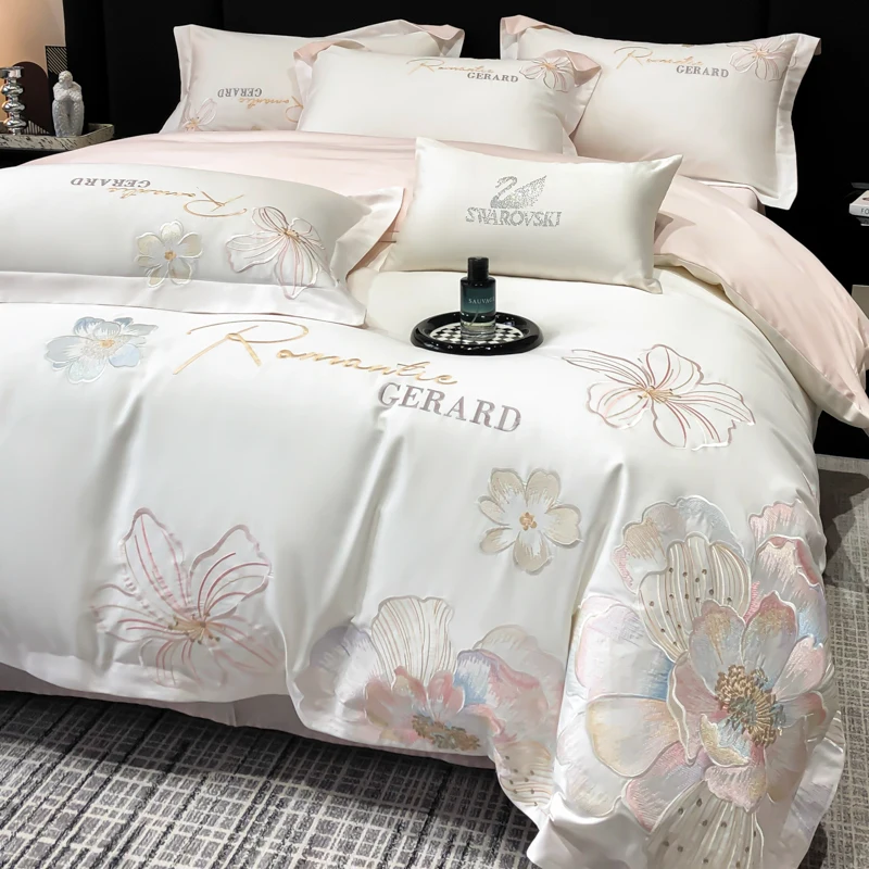 Wholesale Bed Sheet Sets Modern Style Egyptian Embroidered Bedding Comforter Set 400TC 100% Cotton Cover Sheets Wool Filling