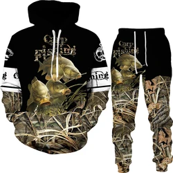 Sudadera con capucha y pantalones de chándal para hombre, chándal informal con estampado artístico de pesca en 3D, ropa de calle de Hip-Hop, novedad