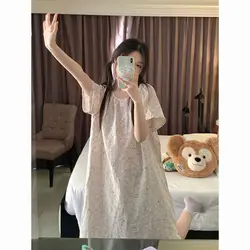 Rubbit Sleepwear Woman Short Sleeves Summer Nightgown Korean Nightwear Night Dress One Piece Pajamas Sleeping Home Wear 2024 New