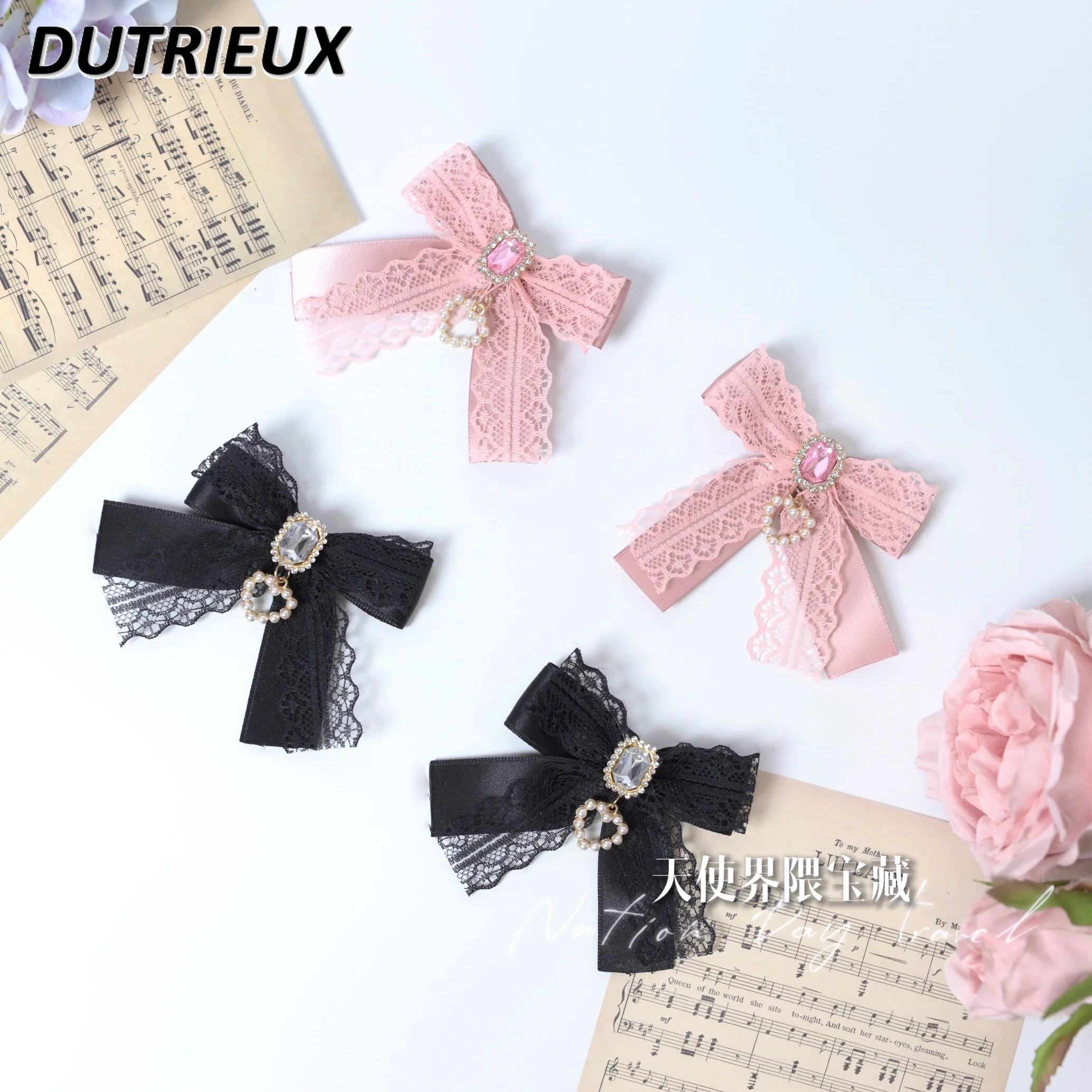 Japanese Mine Mass-Produced Rhinestone Bow Exquisite Lace Headdress Double Ponytail Handmade Barrettes Side Clip Accessories