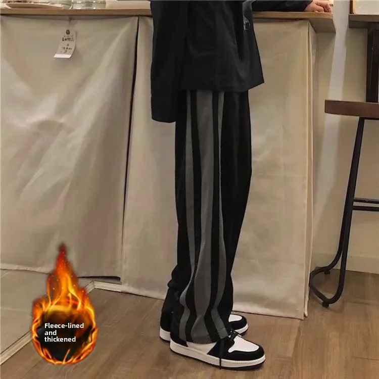 

Женские осенне-зимние новые брюки большого размера на флисовой подкладке, прямые, в пол, повседневные, свободные, в корейском стиле, в полоску...