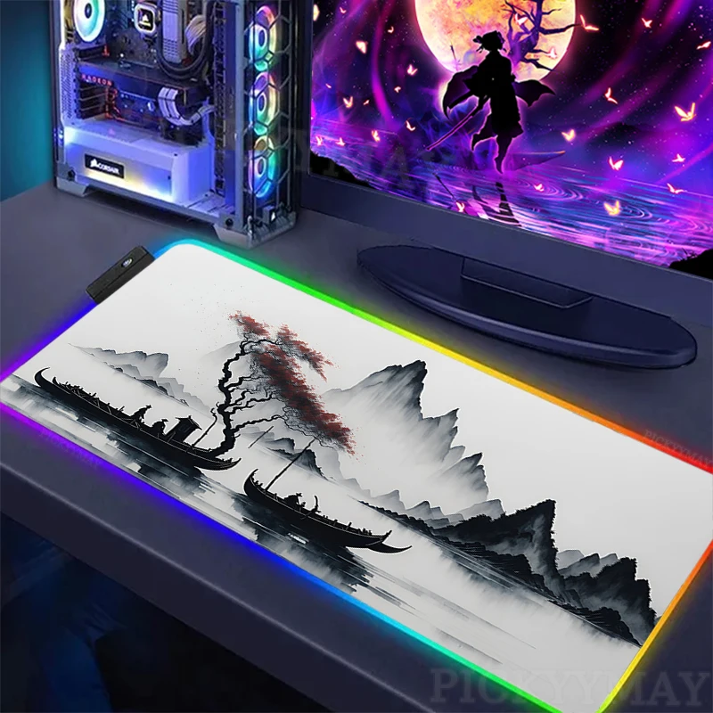 

Large RGB Mouse Mat Ink Landscape Painting LED Gaming Mousepad Gamer Mousepads Luminous Desk Pad Desk Mats Backlit Mouse Pads