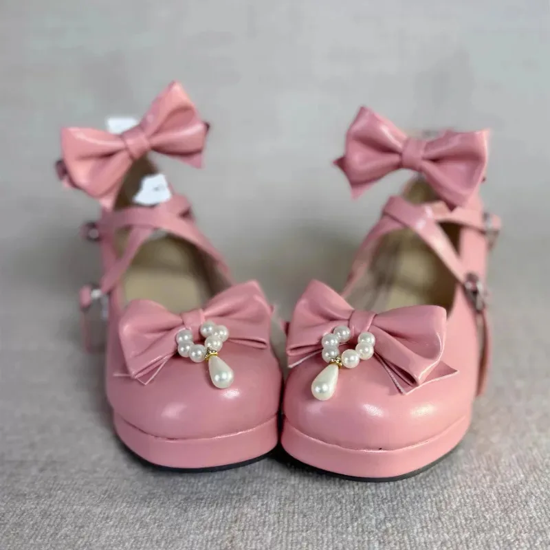 

2025 aaa Лолита, женские туфли на плоской подошве, низкие круглые с перекрестными ремешками и бантом, милые туфли принцессы для чаепития для девочек, студенческие милые туфли для косплея Sh