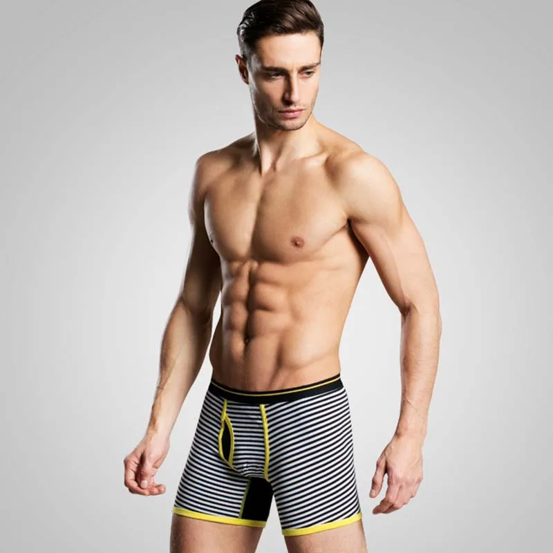 High quality men\'s trendy mid length striped underwear, fashionable pure cotton sexy mid length underwear, flat corner shorts