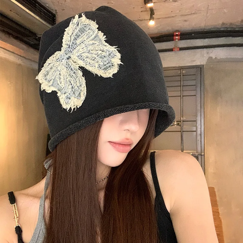 

New Embroidered Butterfly Knot Bucket Hat Women's Spring Summer Face Slimming Street Style Large Circumference Headband Cold Cap