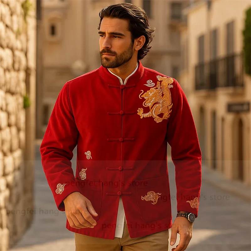

Мужская куртка в китайском стиле, одежда Тан, красное пальто с вышивкой дракона, рубашка кунг-фу, повседневный костюм тайчи, винтажный костюм на пуговицах Hanfu