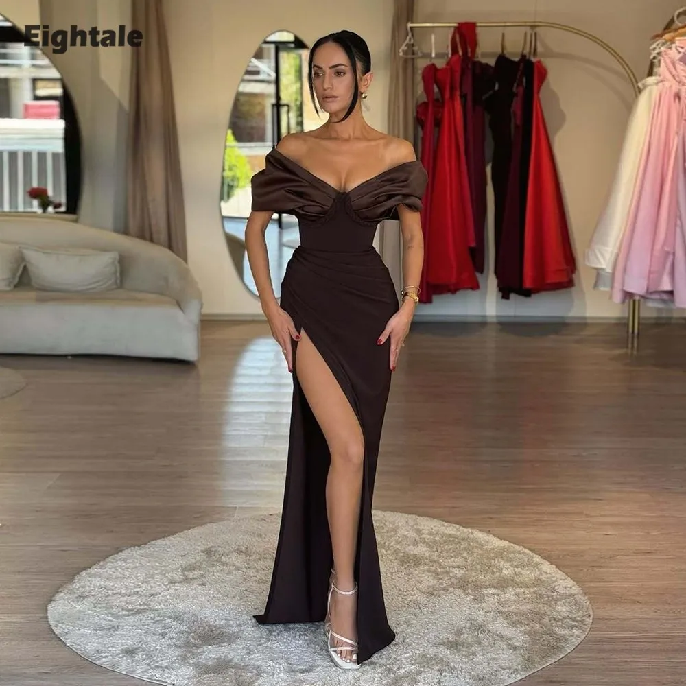 

Eightale Arabic Evening Dress V-Neck Customized Pleats Satin High Side Slit Mermaid Prom Wedding Party Gown Robes De Soirée
