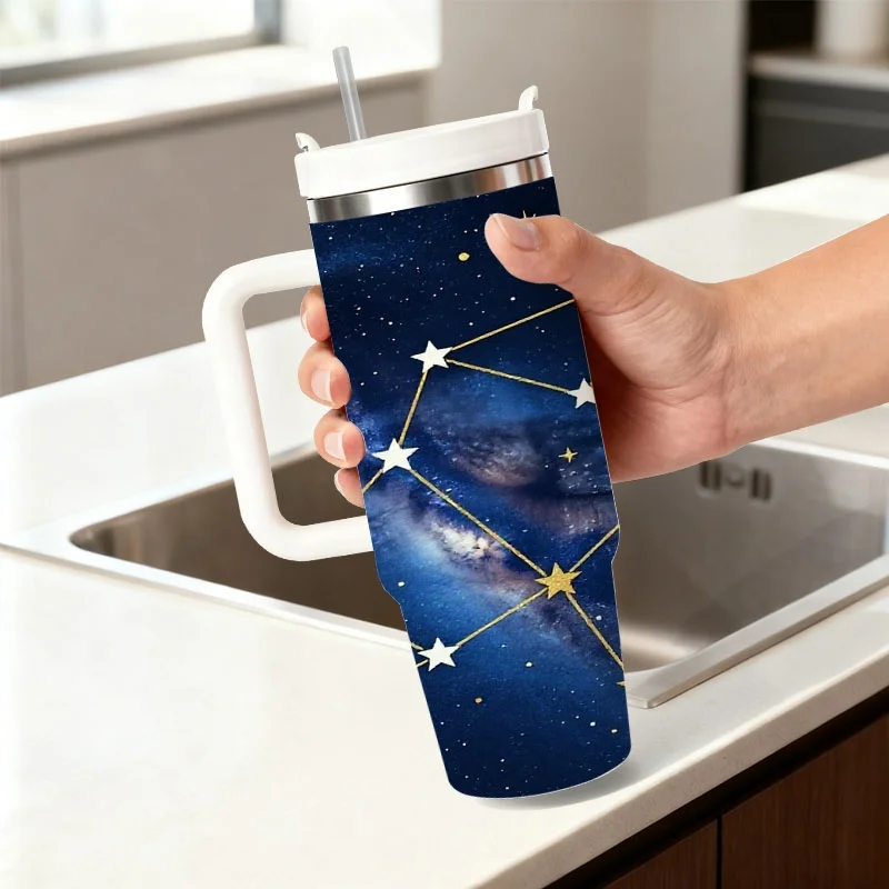 1pc 40 Oz Stainless Steel Insulated Tumbler with Handle And Straw, Celestial Starry Sky Constellation Digital Print Double Wall Travel Mug, Sublimation Thermal Cup Keeps Drinks Hot 18H Cold 36H, Ideal for Daily Travel And Holiday Birthday Gifts