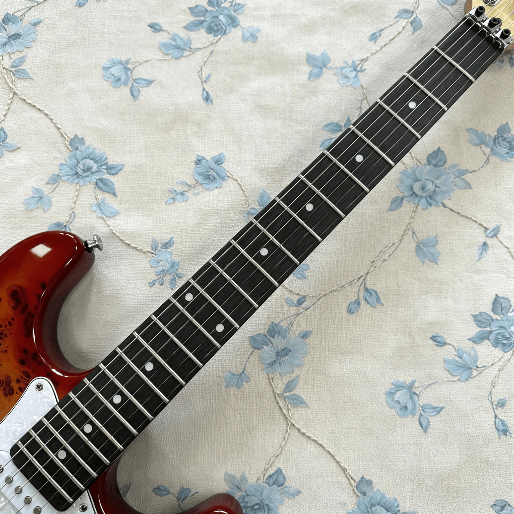 US Warehouse Burst Burl Top ST Style Electric Guitar SSH Pickup Configuration White Pearl Pickguard Chrome Tremolo System Vintage Sunburst Stratocaster Guitar for Rock Blues Player In Stock view 7