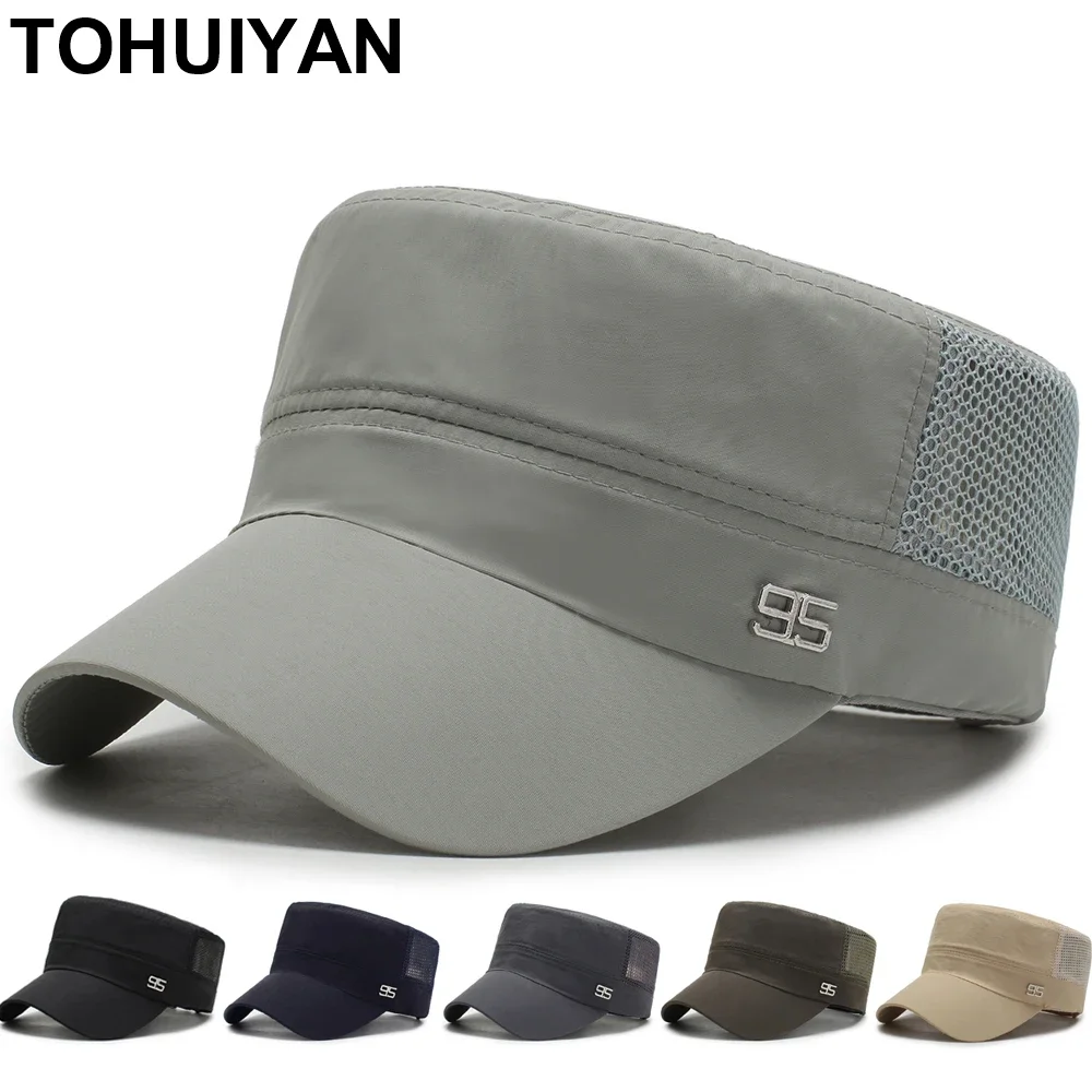 New Summer 95 Military Hats Men Women Breathable Mesh Flat Top Caps Casual Cadet Army Cap Outdoor Travel Adjustable Kapelusz