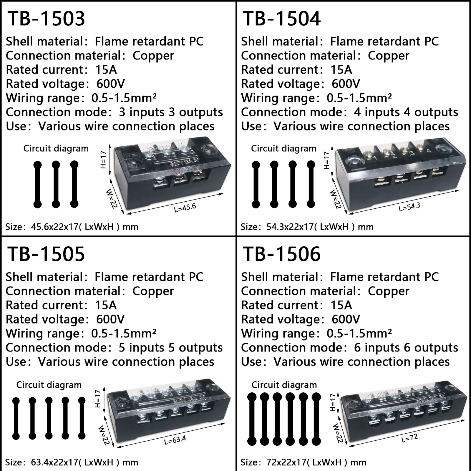 15a/25a/45a 600v fileira dupla barreira parafuso bloco terminal fio conector tb série 3/4/5/6/8/10/12 pinos opcional tb-1503 tb-2503