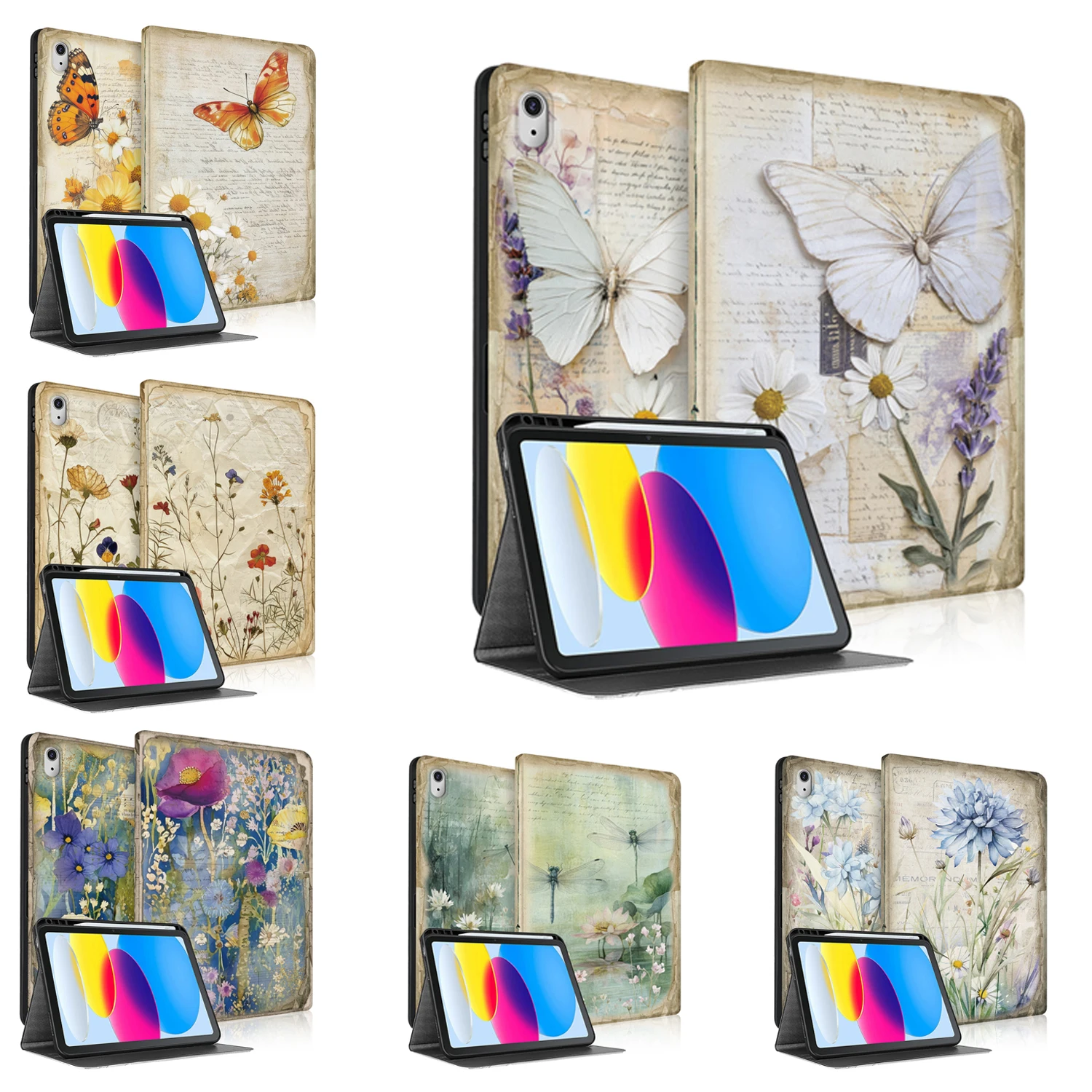 

Retro Wildflower Diary Butterfly TPU Case Universal For iPad 2025 A16 11th 10.9 2022 10th Gen Tablet Smart Cover with Pen Holde