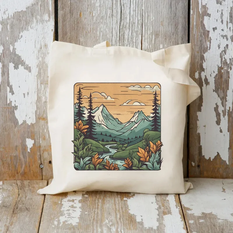 Stylish Mountain River Casual Canvas Tote Bag Vintage Large Capacity Foldable Shopping Bag for Women Gifts Fashion Bags