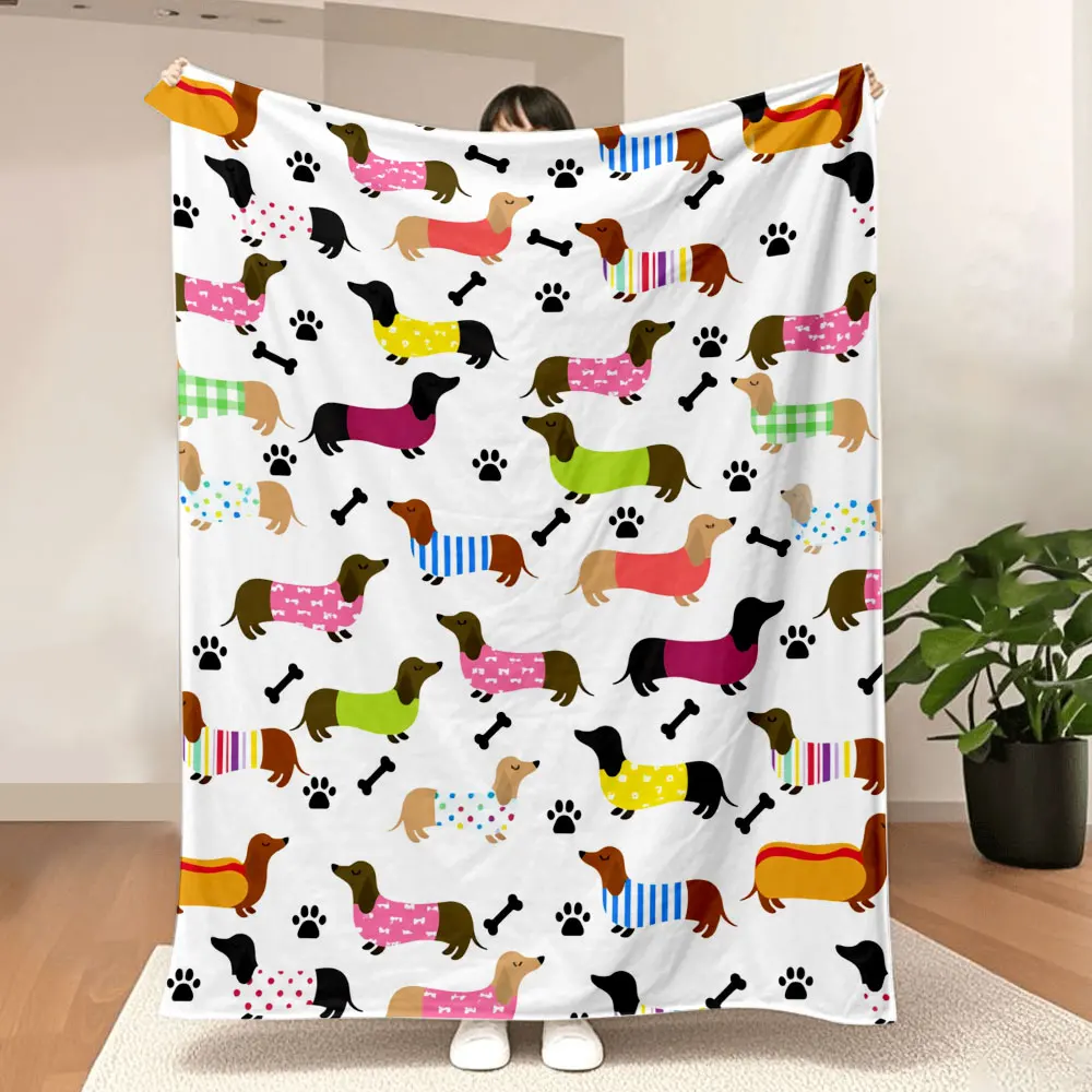 Dachshund Wiener Dog Throw Blanket Cartoon Puppy Bone Footprint Pattern Couch Sofa Soft Bedding Quilt Pet Lover Bedroom Decor
