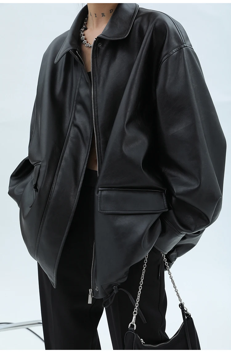 Lautaro Spring Autumn Oversized Casual Waterproof Black Soft Pu Leather Jacket Women with Drop Shoulder Long Sleeve Fashion 2022