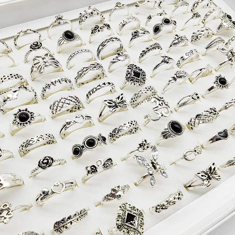 50 teile/los Mix Stil Vintage Finger Ringe für Frauen Schwarz Acryl Emaille Hohle Blume Design Ring Ausschnitt Schmetterling Schmuck Mädchen – Detail 8
