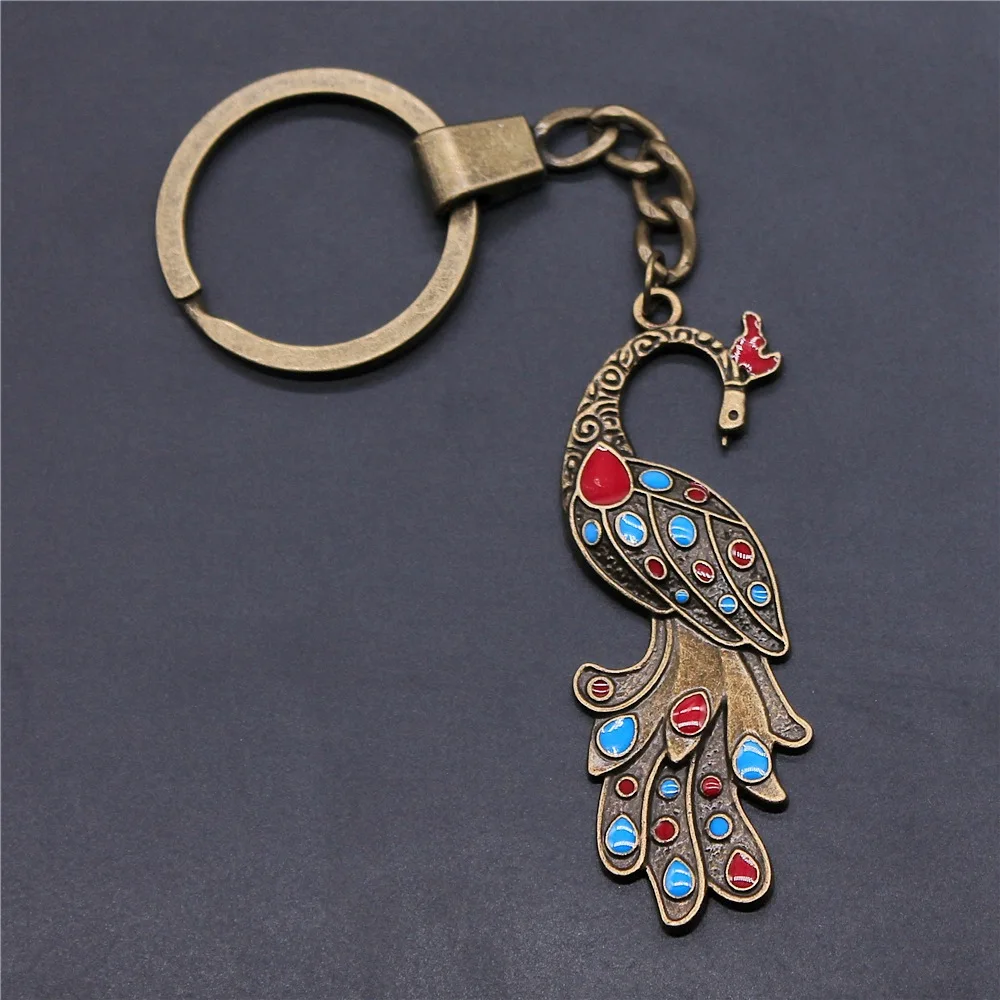 Souvenirs Gift DIY Metal Keychain Holder Antique Bronze Color 60x23mm Peacock Pendant Keyring