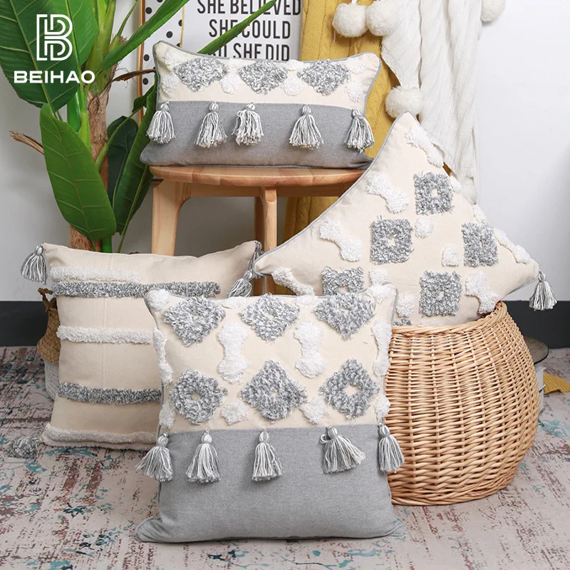 

Tufted Cotton Linen Throw Pillowcase With Tassels 30x50cm 45x45cm Modern Nordic Style Cushion Cover For Sofa Home Decoration