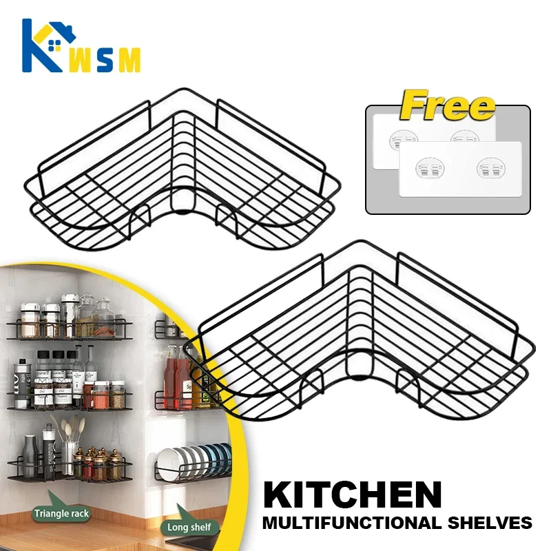 New Kitchen Shelf Drill-Free Metal Shelf Wall Mounted Spice Organizer Kitchen Multifunctional Corner Shelf Kitchen Accessories