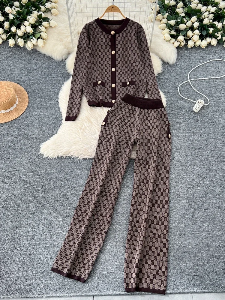 Winter Fashion Plaid Print Sweater Suits Women Knit Cardigans+Elastic Long Pants American Casual Retro Autumn OL 3 Pieces Sets