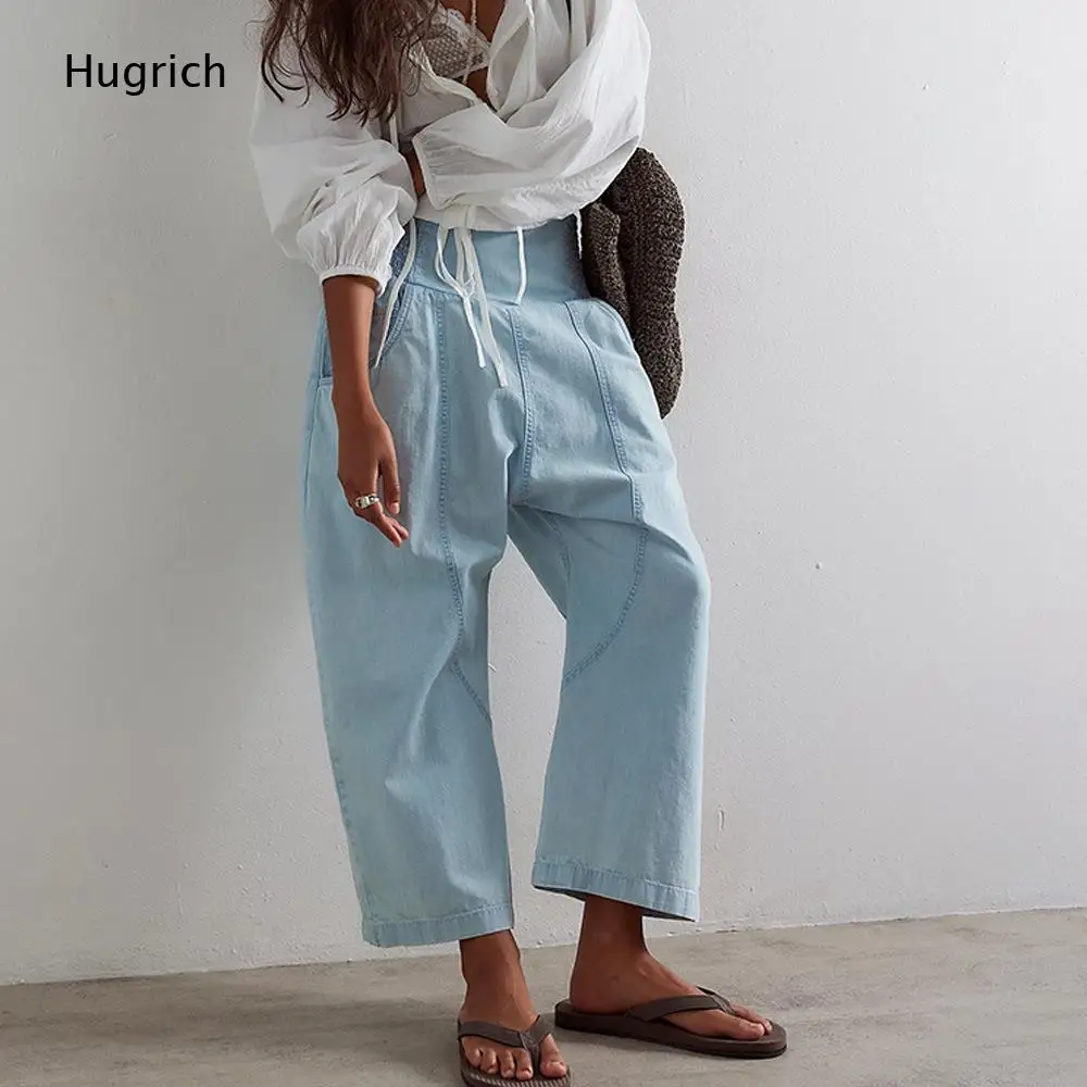 Bohemian Loose Cropped Harem Pants Ladies Shirred High Waist Curved Seam Design Soft Casual Trousers With Hand Pockets