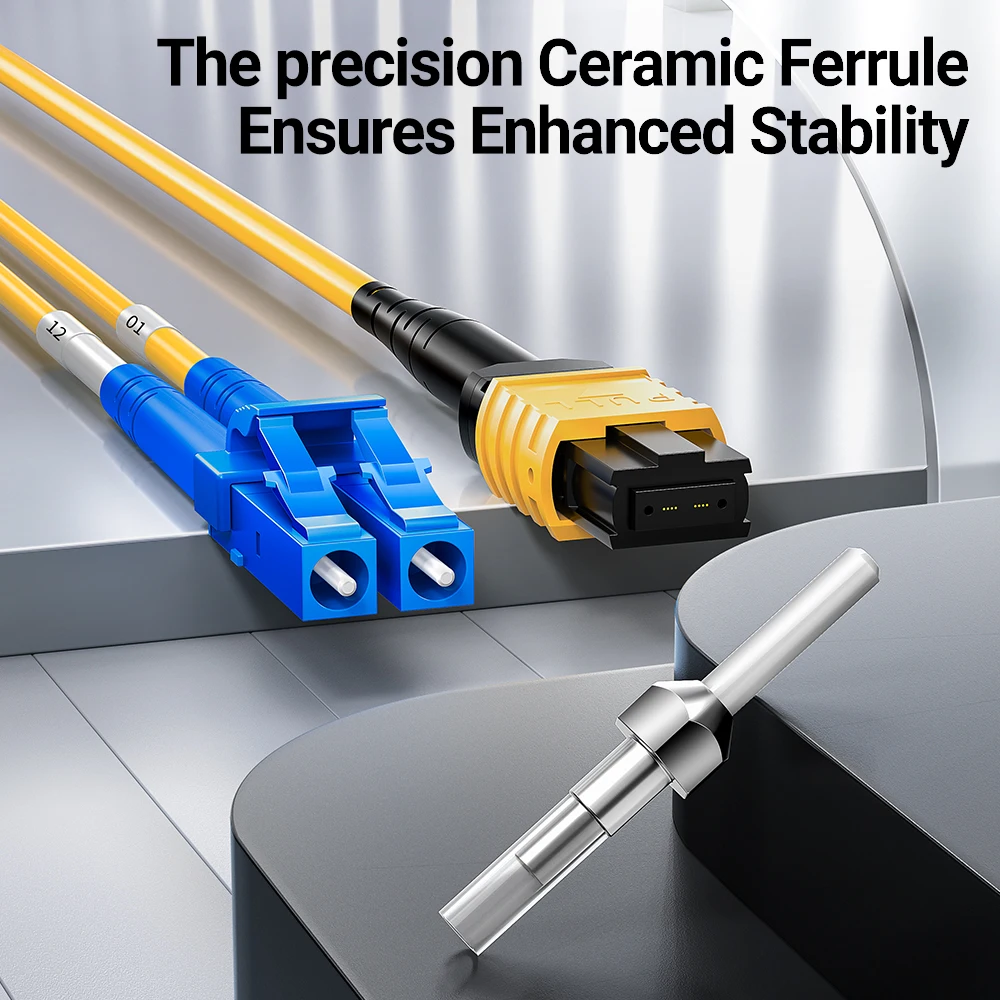 AMPCOM MPO إلى LC الألياف التصحيح الحبل نوع B OS2 المفردة 8/12/24 النوى كابل صندوق السيارة لأجهزة الإرسال والاستقبال 10G QSFP + 100G QSFP28 1-30 متر