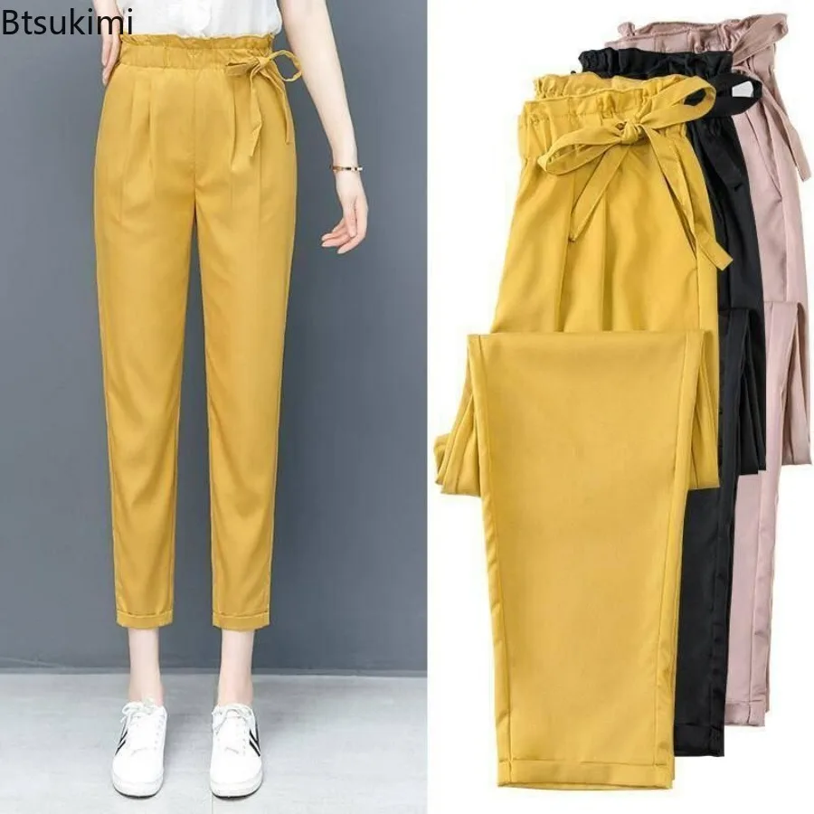 

2024 Women's Summer Pleated Lacing Harem Pants Elastic Waist Solid Loose All-match Casual Pants Vintage Female Bottoms Joggers