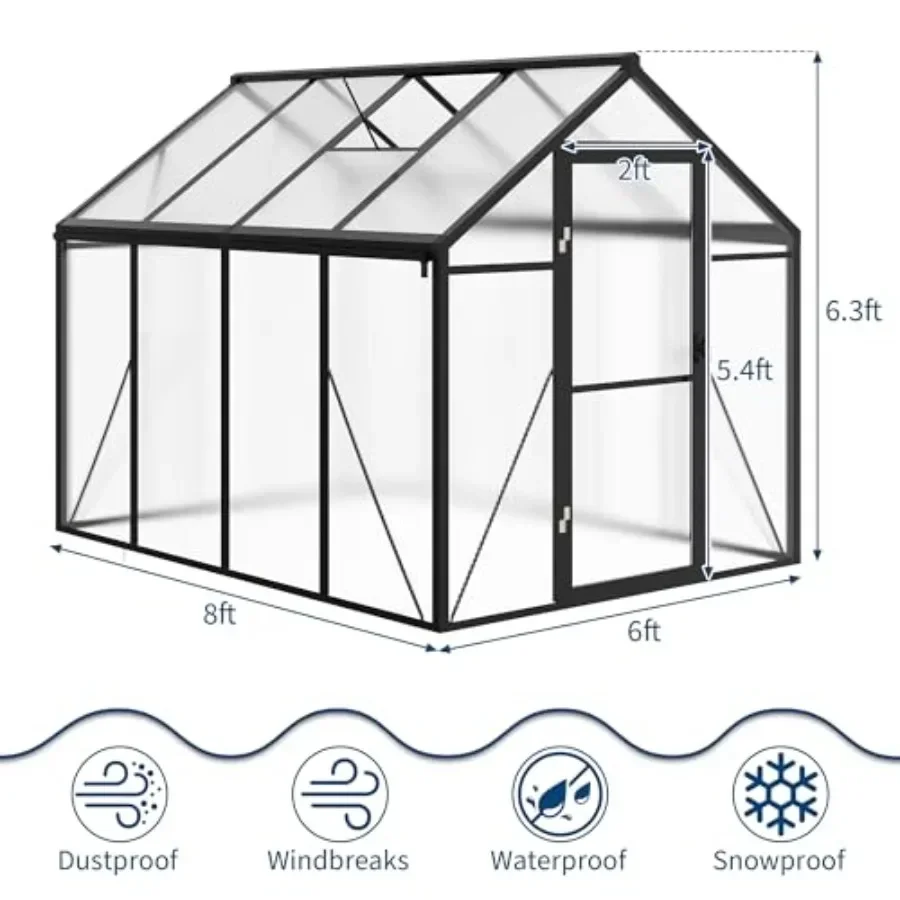 Feet House for Outdoors, Large Walk-in Polycarbonate House Kit, Aluminum Frame, Lockable Door, Roof Vent, Ground Spikes, for Ga