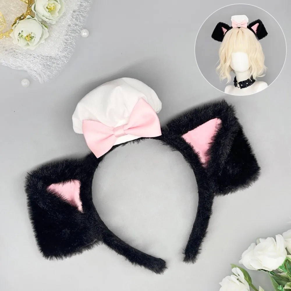 New Lolita Dog Ear Headband Fluffy Chef Cap Hair Band Lace Bow Cosplay Head Hoop Cosplay Performance