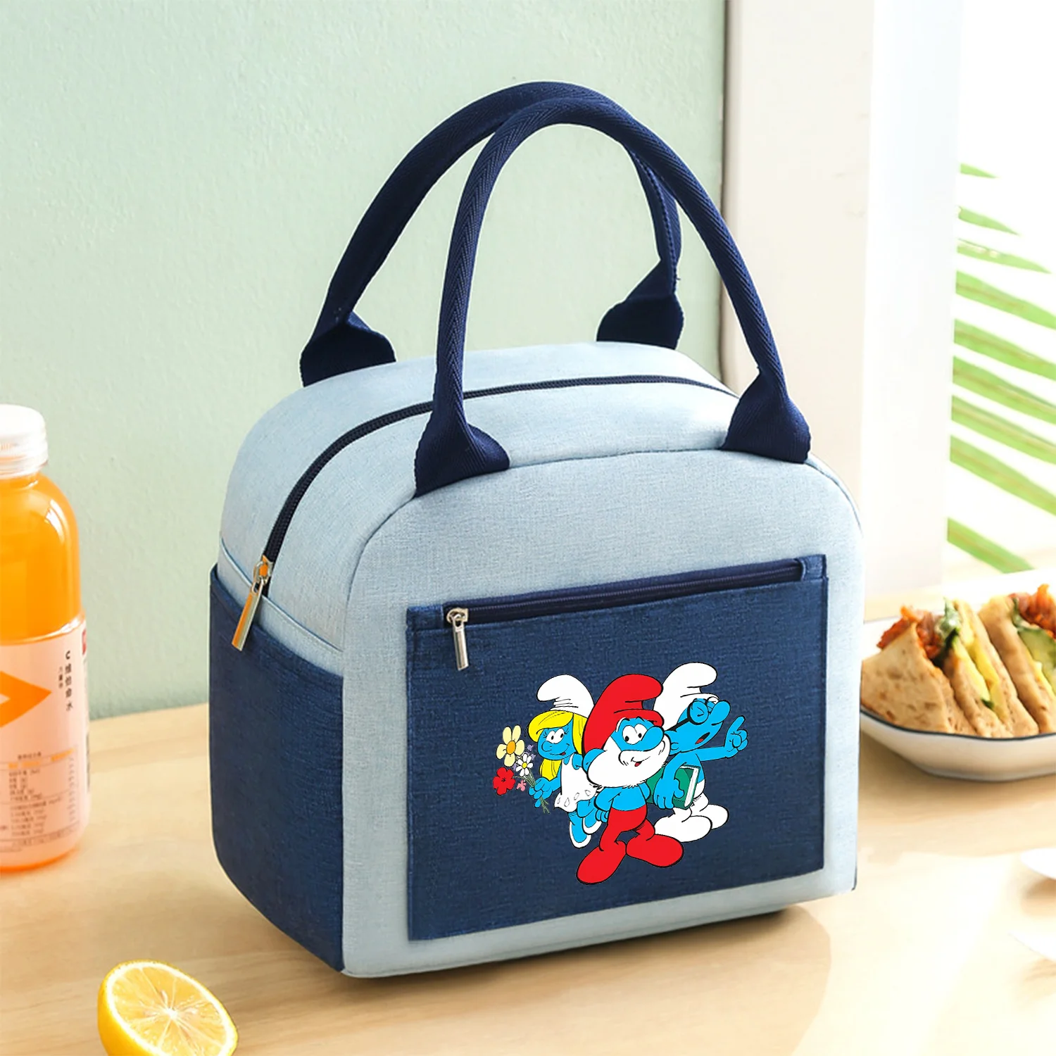 Smurfs Lunch Bag Cartoon Figure Printed Insulated Thermal Pack Portable Food Drinks Storage Handbag Student Children Meal Bags