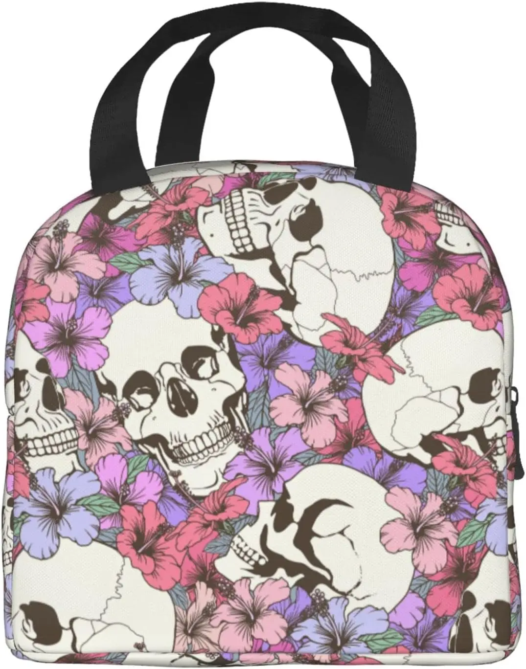 Skull Flower Trendy Pretty Insulated Lunch Bag For Men Women Reusable Lunch Box Container Waterproof Portable Cooler Thermal