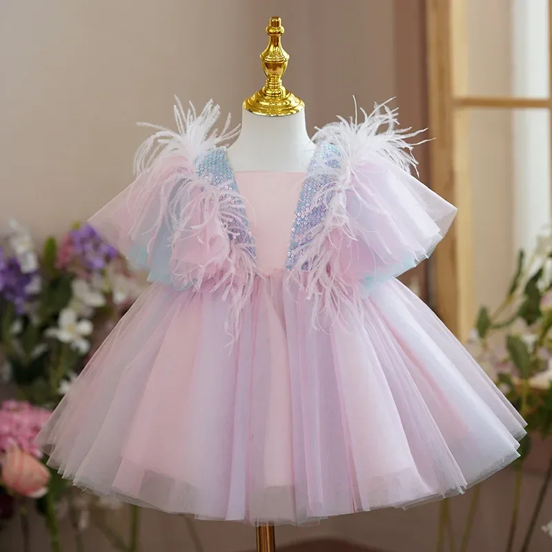 New Summer Children's Girl Party Dress Bubble Sleeves Bridesmaid Wedding Flower Princess Dresses Kids Formal Clothing