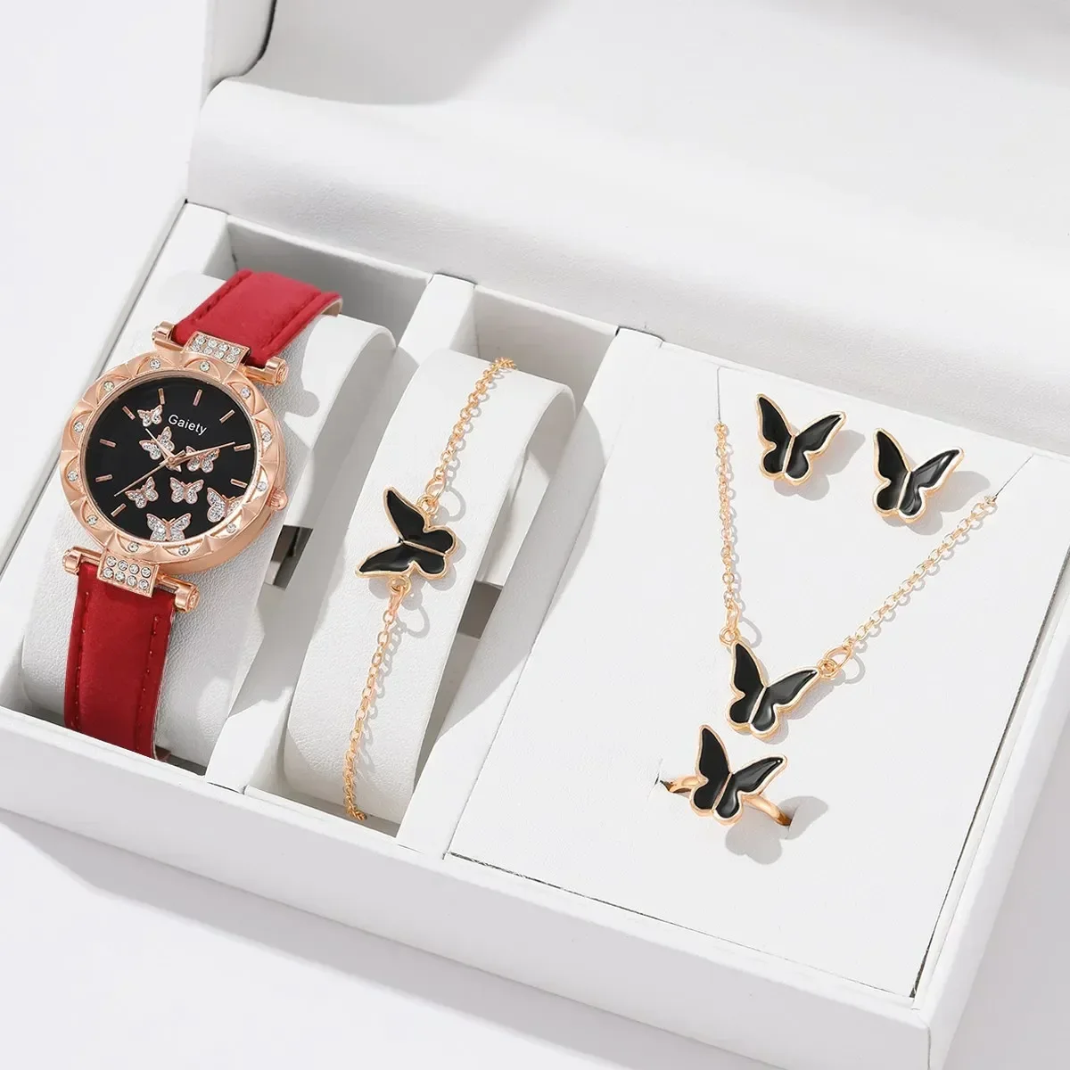 6/1pcs Set Watch for Women Cute Butterfly Crystal Rhinestone Women Watches Ring Necklace Earrings Bracelet Set (No Box) 시계