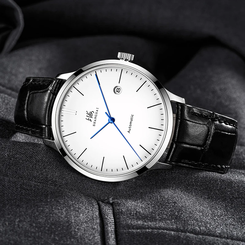 2025 Шанхайские мужские механические наручные часы Деловые часы-календарь 50 м Водонепроницаемая кожаная пряжка Мужские часы 792
