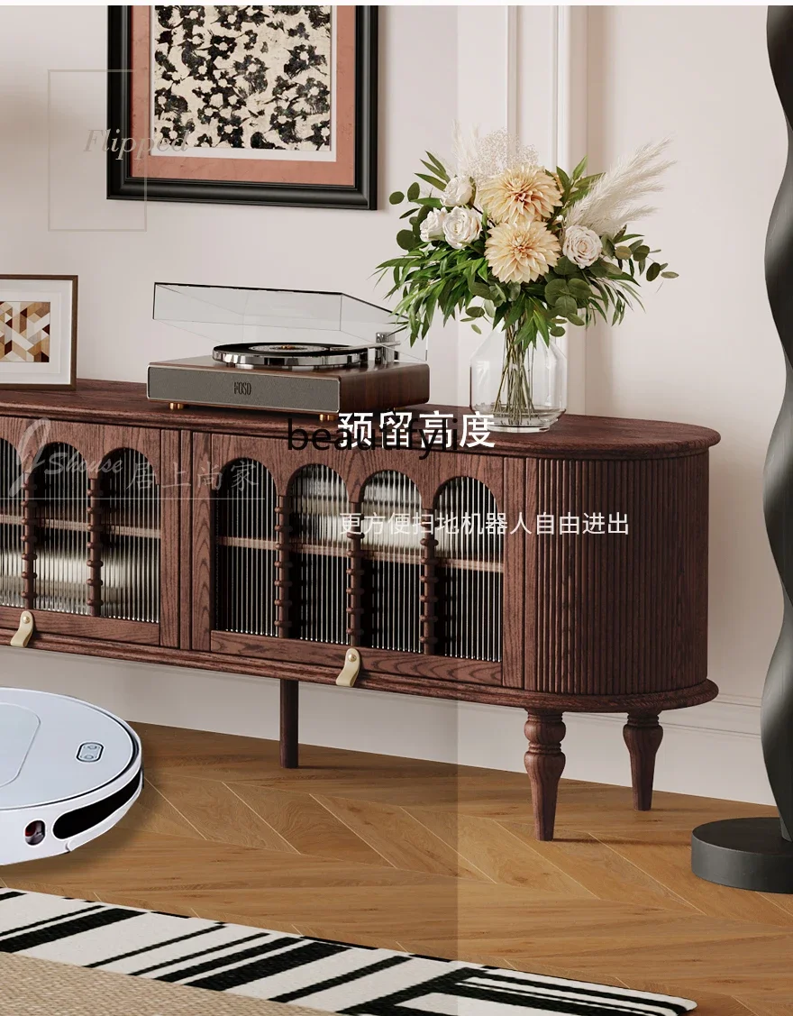 French retro pure solid wood TV cabinet floor-to-ceiling living room home storage locker light luxury B3