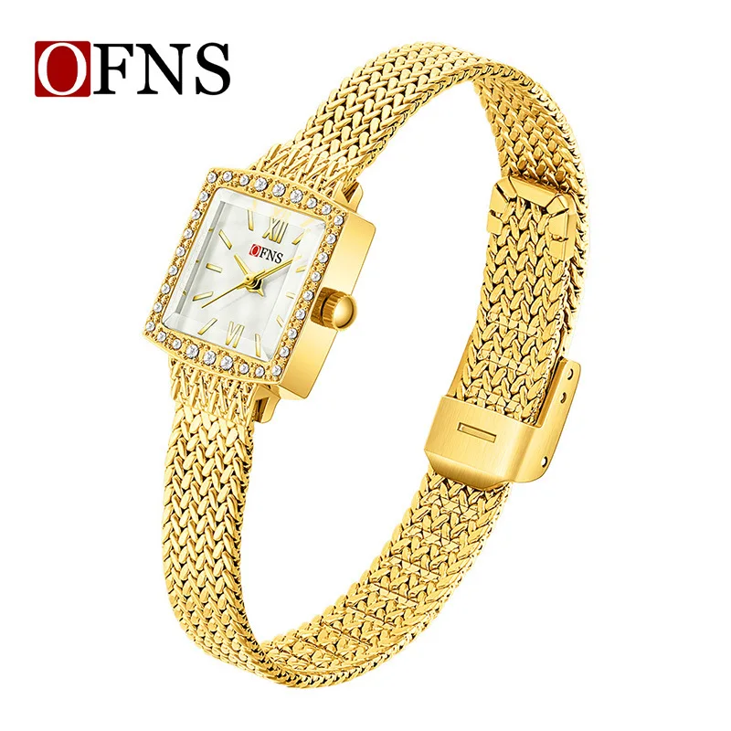 2026 Fashion Ofns Women's Diamond Inlaid Steel Band Wheat Light Luxury Quartz Watch, Roman Numeral Square Waterproof Wristwatch