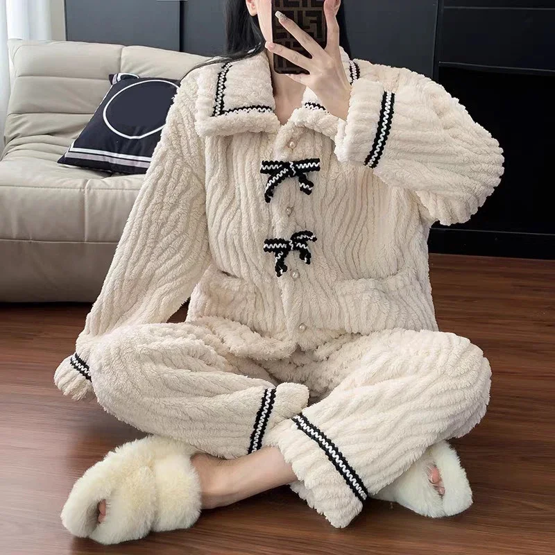 2PCS/Set Women's Pajamas Autumn and Winter Students Sleepwear Homewear Padded and Thickened Warm Flannel Nightwear Big Size