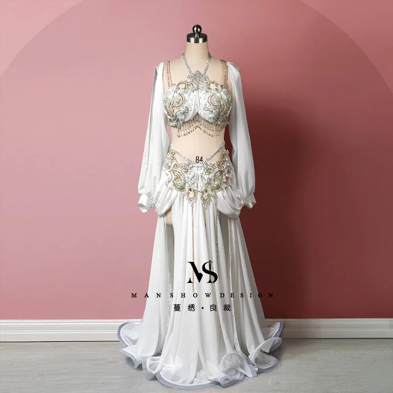 customized belly dancewear performance costume women's white chest wrapped suit high-end sexy tassel lantern sleeve long skirt