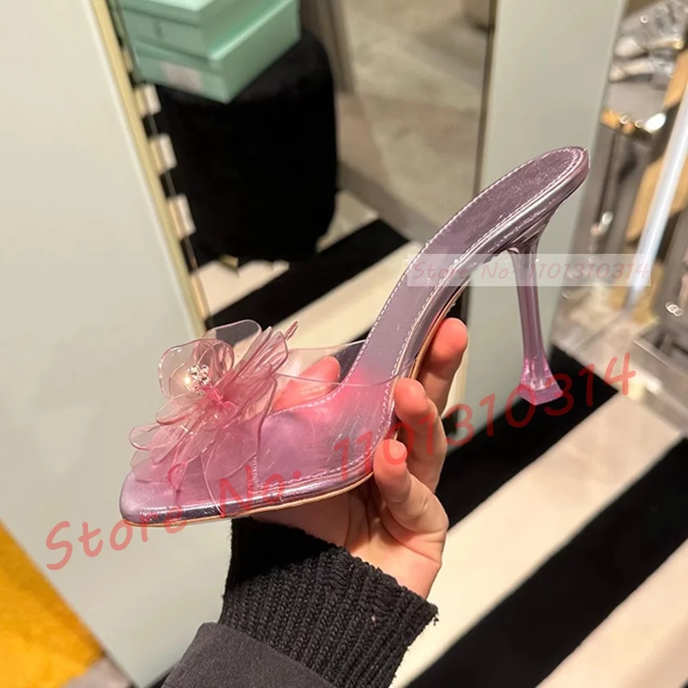 Pvc Flower Metallic Pink Slippers Women Luxury High Heels Square Toe Shoes Female Rhinestones Pistil 2023 Summer Elegant Slides