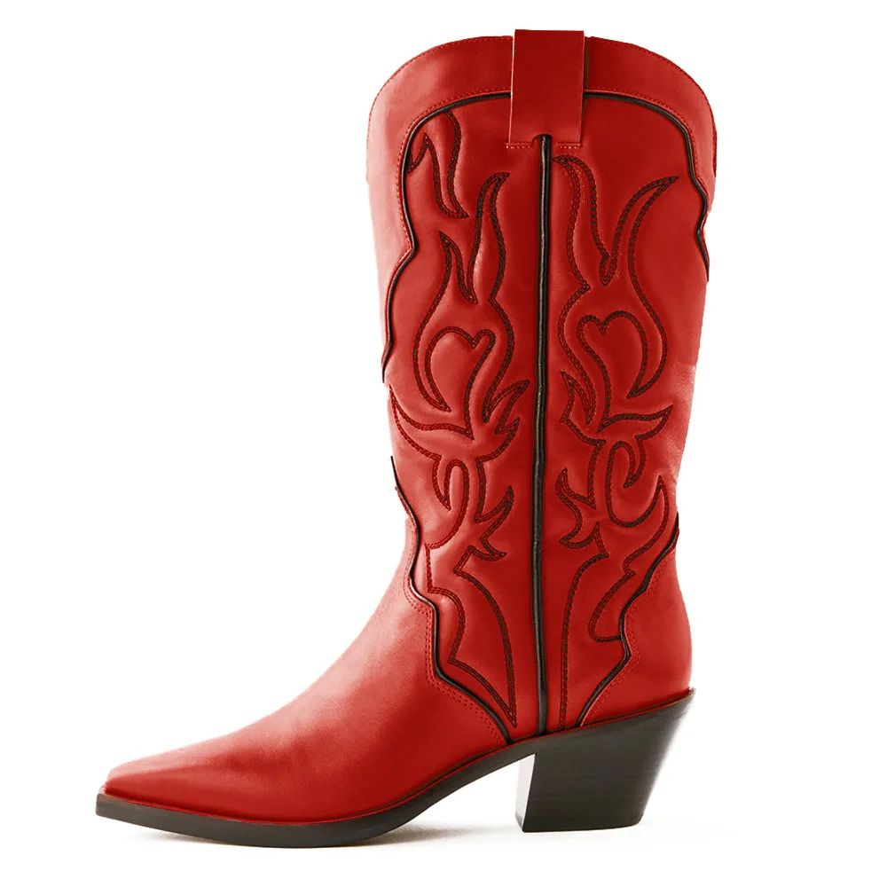 

Autumn Oversized Embroider Western Boots Chunky Heels Middle Tube Women's Boots