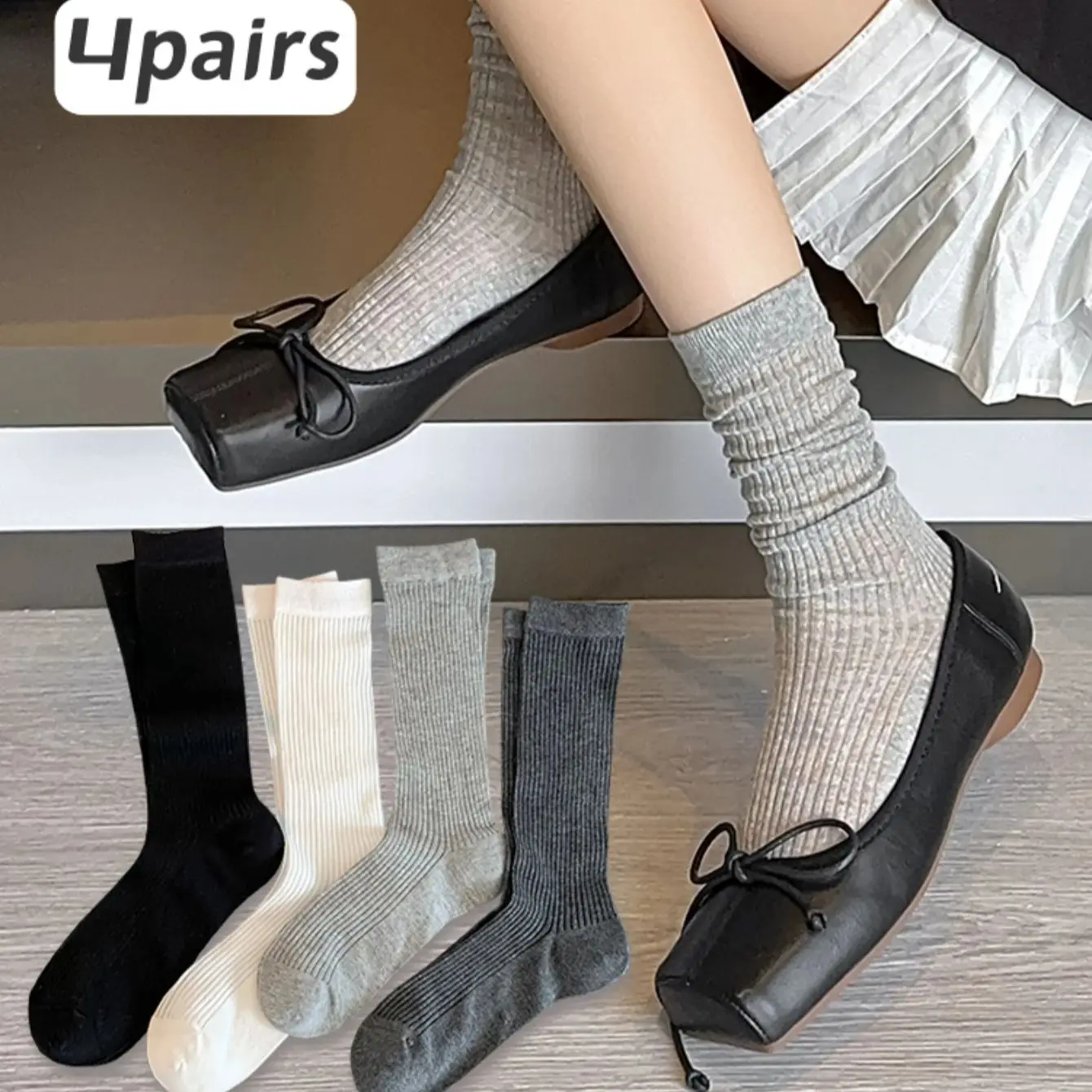

4pairs Women's Summer Crew socks Breathable Striped Solid Color Kawaii Socks, Japanese Korean Style, Y2k, Cozy