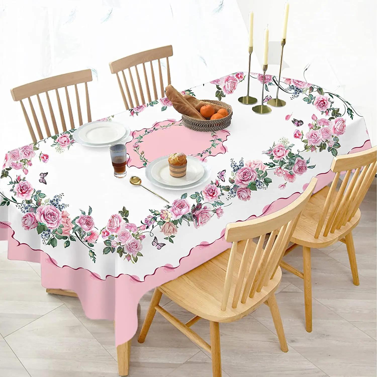 Spring Rose Flower Rectangular Tablecloth Wedding Decoration Waterproof Table Tablecloth Holiday Party Dining Decorations