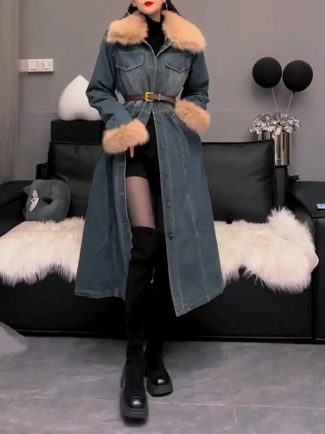 Women's Lamb's Wool Patchwork Cowboys Cotton Coat Jacket Winter New Long Overcoat Coat Comfort  Fashion Winter Coat Women