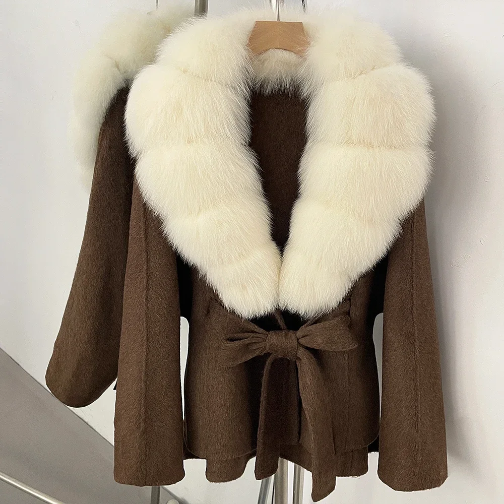 OFTBUY Neue Winterkleidung für Damen, Luxuriöser Kurzer 100% Wollmantel mit Natürlichem Pelzkragen, Warmem Gürtel und Echtem Fuchspelz, Wolljacke für Damen – Detail 13