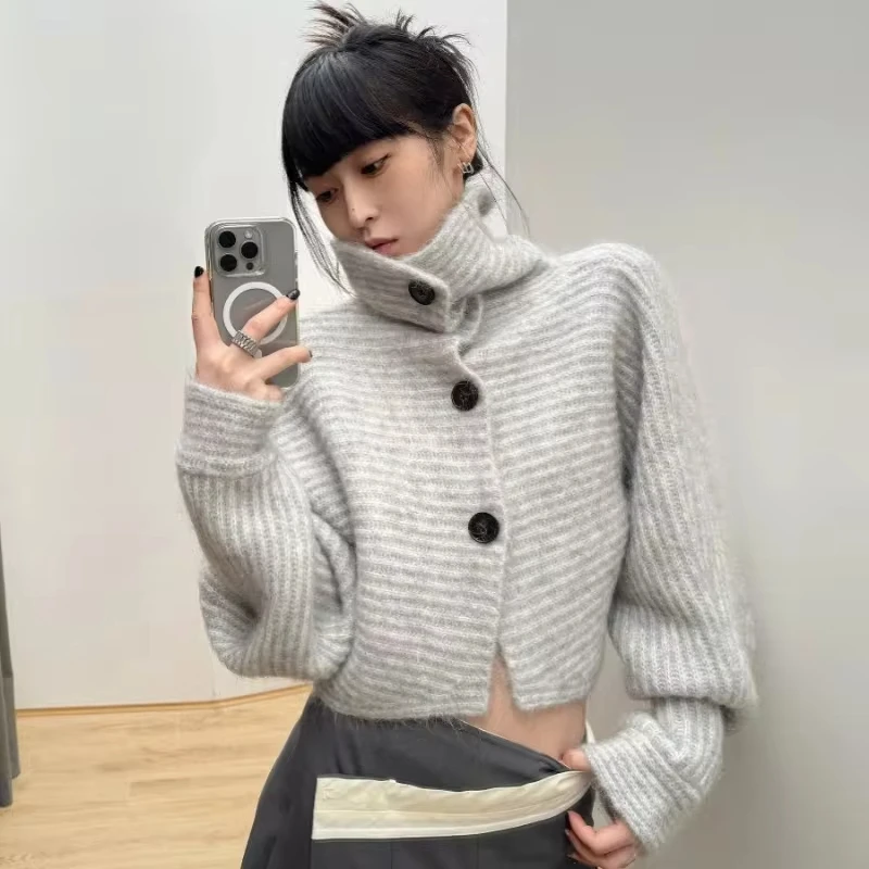 Harajuku Y2k Gray Striped Women Sweater Vintage Turtleneck Korean Fashion Knit Cardigan Leisure Autumn Lazy Wind Loose Old Money