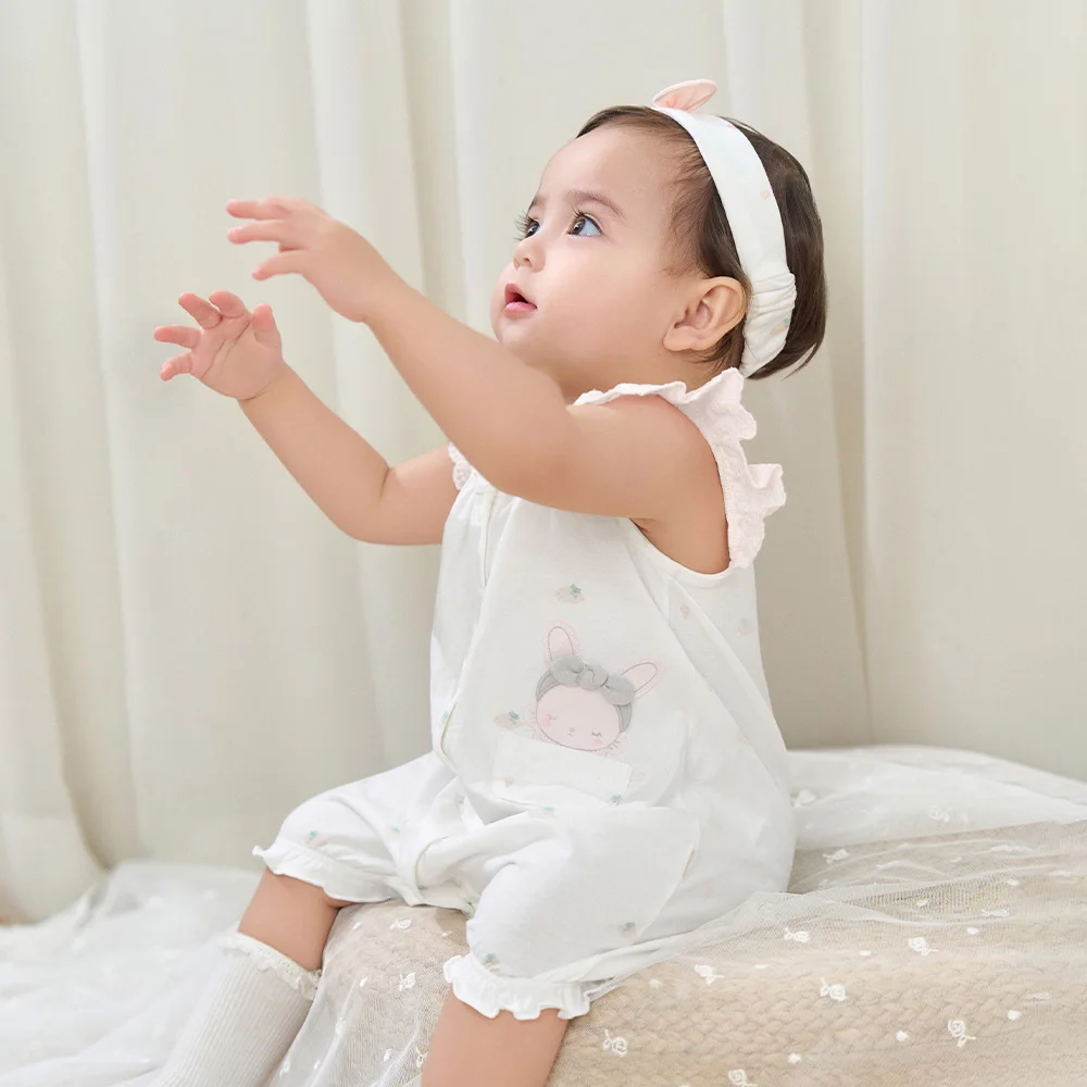 Dave Bella Newborn Creeper with Headband Summer Girs Cartoon Romper Print Sweet Baby Princess Jumpsuit DB2262063