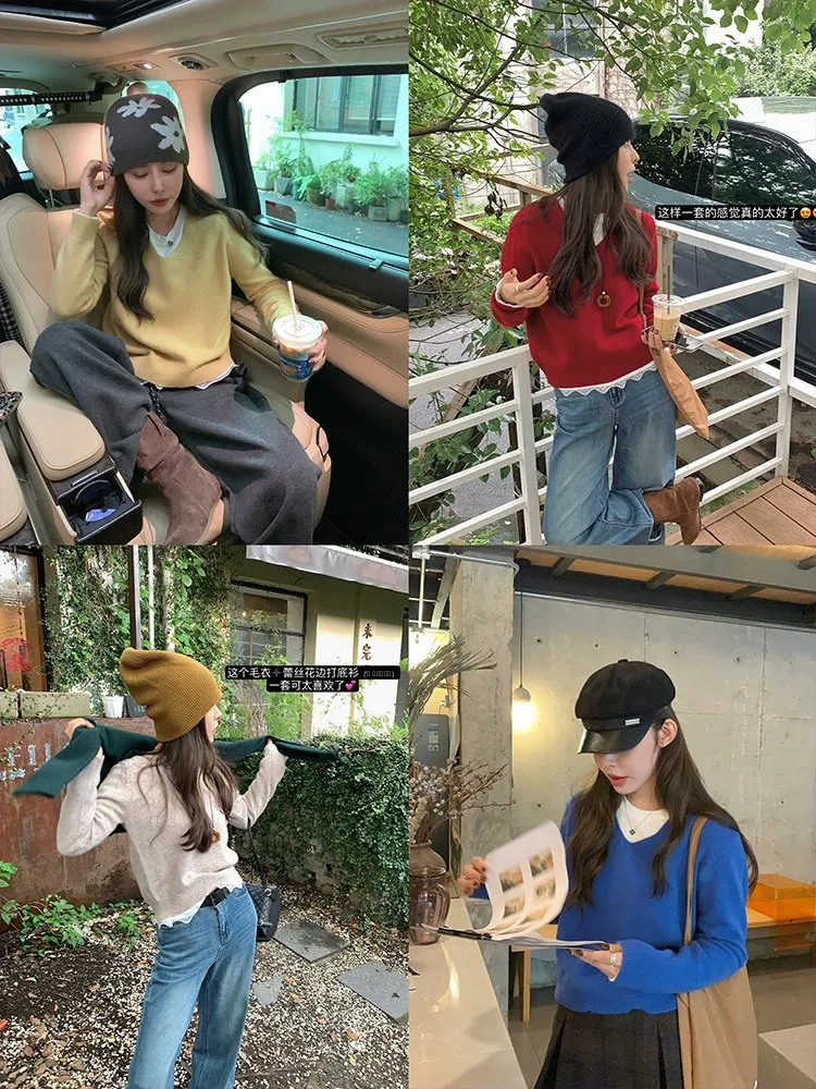 

Свободный женский вязаный свитер с V-образным вырезом, 100% шерсть, длинный рукав, на каждый день, зимний, новинка