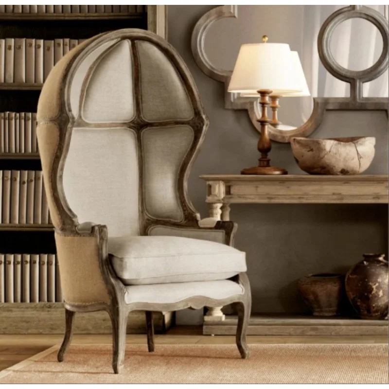 

American Country Oak Fabric Single Birdcage Chair Solid Wood Retro Princess Room Space Chair High Back Sofa Chair