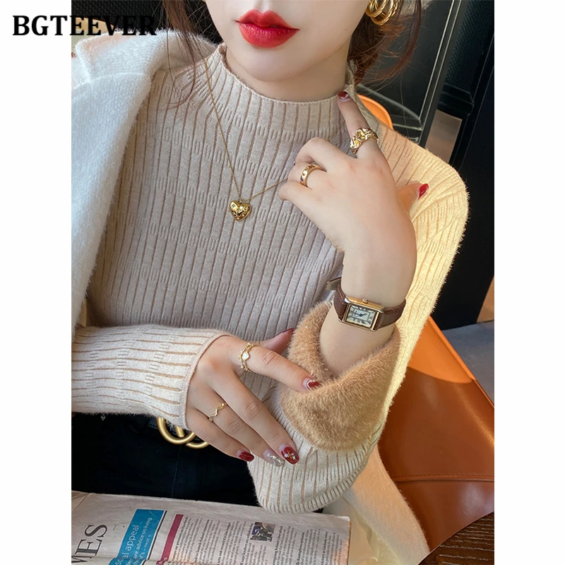 

BGTEEVER Elegant Thicken Velvet Women Knitted Pullovers Jumpers Autumn Winter Half High Collar Full Sleeve Ladies Solid Sweaters