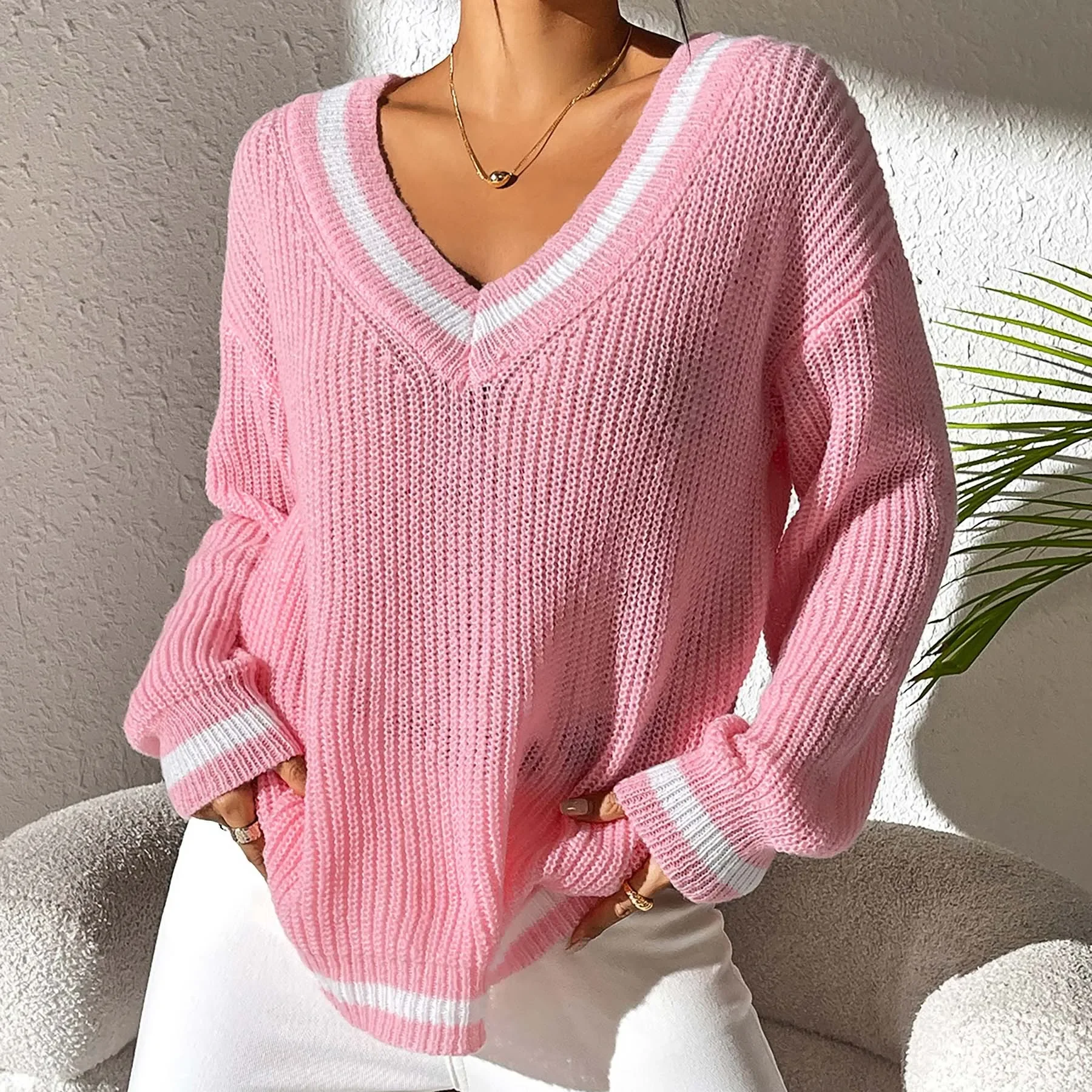 

Pullover Sweater Women Casual Knitting Top V Neck Patchwork Jumper Office Lady Knitwear Female 2025 Autumn Winter Knitted Tops